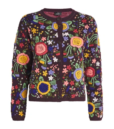 Etro Wool Floral Cardigan In Burgundy
