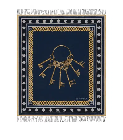 Etro Wool Fringed Herald Keys Throw In Blue