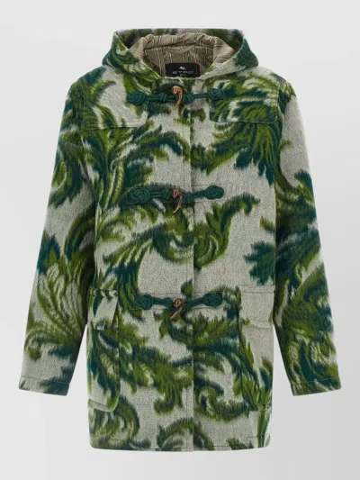 Etro Wool Hooded Jacket Patterned Front Pockets In Green