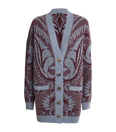 Etro Embroidered Wool Knit Oversized Cardigan In 蓝色/酒红色