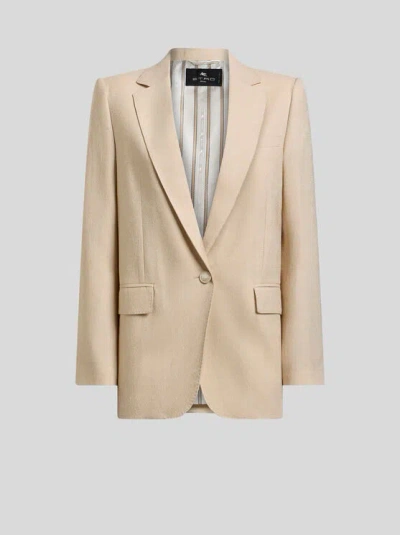 Etro , Wool Jacquard Single-breasted Jacket With Paisley Motif, Woman, Size 50 In Neutral