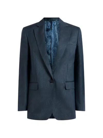 Etro Wool Jacquard Single-breasted Jacket With Paisley Motif In Blue