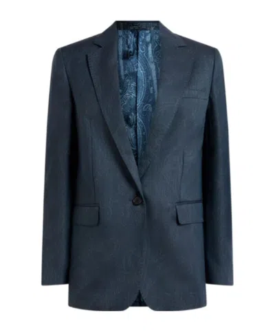 Etro Wool Jacquard Single-breasted Jacket With Paisley Motif In Blue