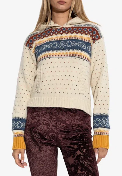 Etro Wool Jacquard Sweater With Hood In Cream