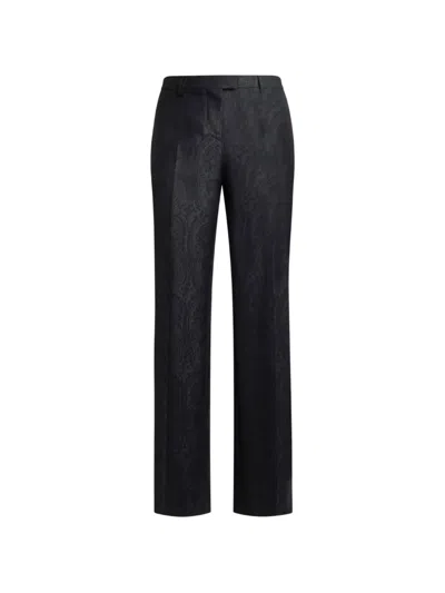 Etro Wool Jacquard Trousers With Arnica Motif In Black