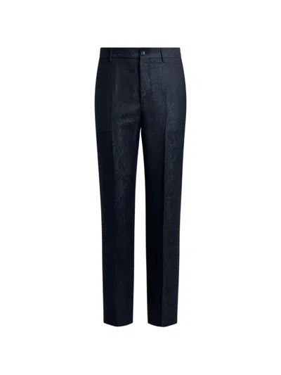 Etro Wool Jacquard Trousers With Arnica Motif In Blue