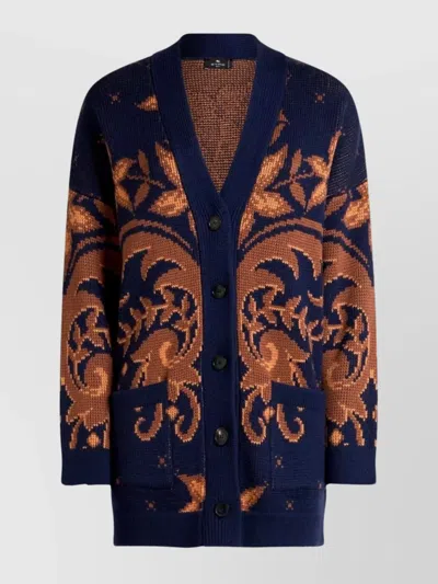 ETRO WOOL JACQUARD V-NECK CARDIGAN WITH FRONT POCKETS
