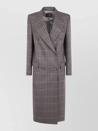 Etro Wool Long Double-breasted Coat In Gray