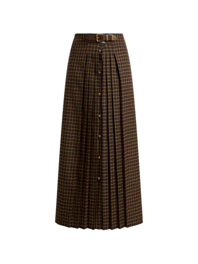 Etro Wool Maxi Skirt With Pleating And Check Motif In 브라운