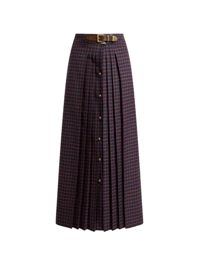 Etro Wool Maxi Skirt With Pleating And Check Motif In Blue