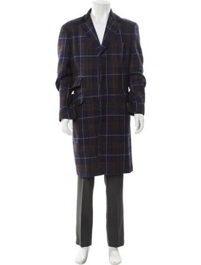 Pre-owned Etro Wool Plaid Print Overcoat In Blue