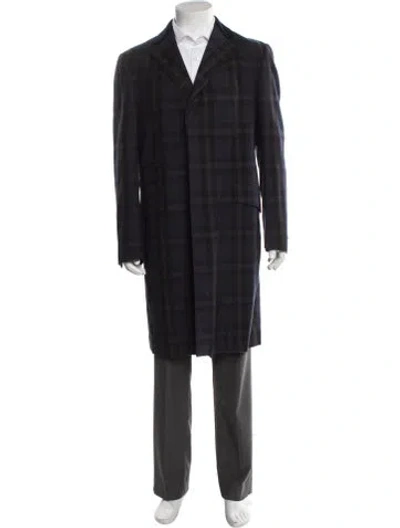 Pre-owned Etro Wool Plaid Print Overcoat In Blue