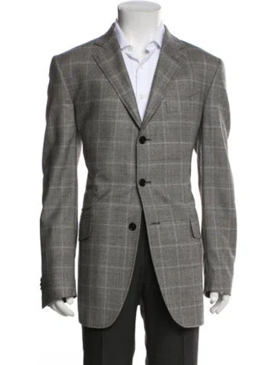 Pre-owned Etro Wool Plaid Print Overcoat In Gray
