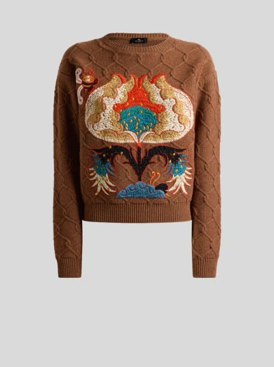 Etro , Wool Sweater With Floral Embroidery, Woman, Brown, Size 40