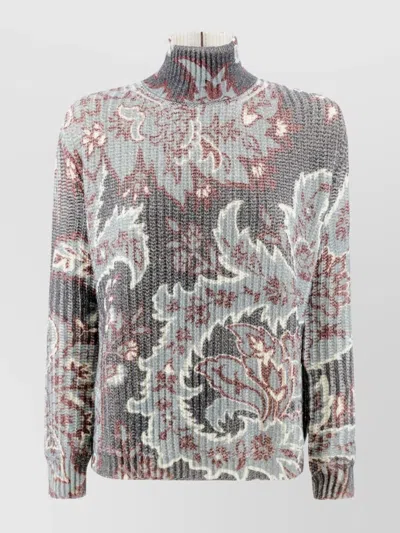 Etro Wool Sweater With Floral Paisley Print In Blue Background Print