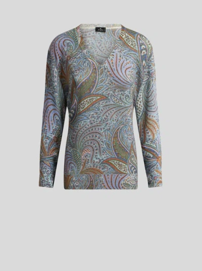 Etro , Wool Sweater With Foliage Motif, Woman, Navy Blue, Size 46