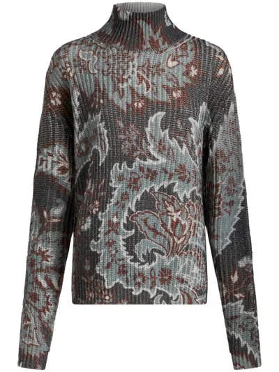 Etro Grey Floral Print Knitted Wool Sweater In Multi