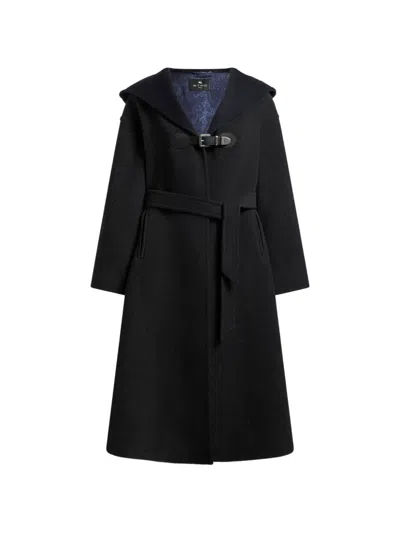 Etro Wool-blend Coat With Hood And Belt In Black