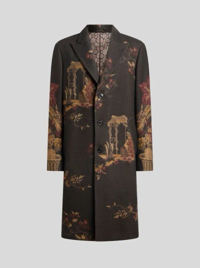 Etro Wool-blend Coat With Placed Flower And Animal Print In Multi