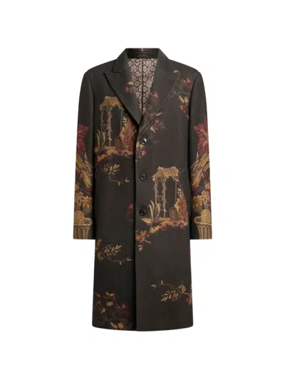 Etro Wool-blend Coat With Placed Flower And Animal Print In Multi