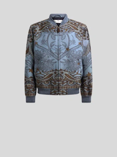 Etro , Wool-blend Jacquard Bomber Jacket With Placed Pegaso Motif, Man, Light Blue, Size 3xl