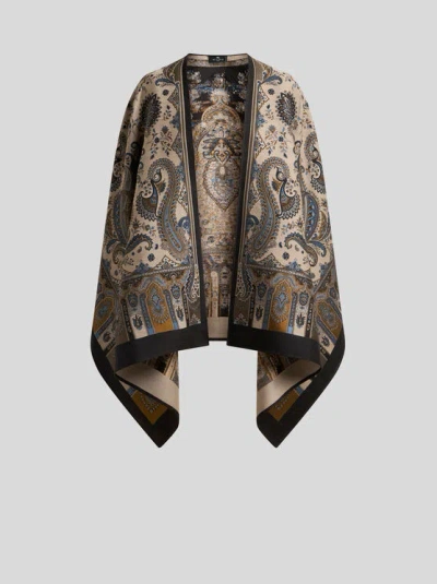Etro , Wool-blend Jacquard Cape With Paisley Motif, Woman, Beige In Multi