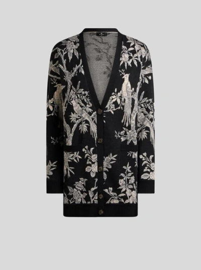 Etro , Wool-blend Jacquard Cardigan With Nature Motif, Woman, Black, Size 36