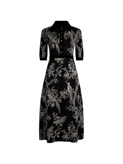 Etro Wool-blend Jacquard Midi Shirt Dress With Nature Motif In Black
