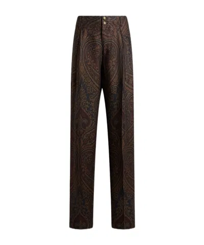 Etro Wool-blend Jacquard Trousers With Pegaso Buttons And Paisley Motif In Brown