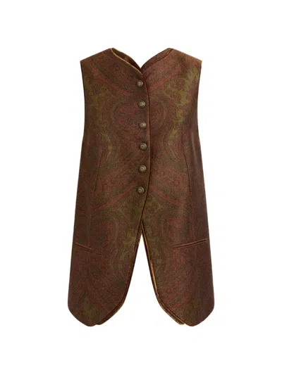 Etro Wool-blend Jacquard Waistcoat With Paisley Motif In Brown