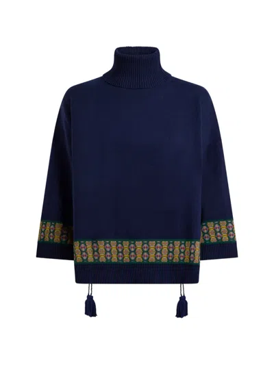 Etro Wool-blend Kimono Sweater With Tassels And Geometric Motif In Blue