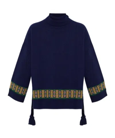 Etro Wool-blend Kimono Sweater With Tassels And Geometric Motif In Blue