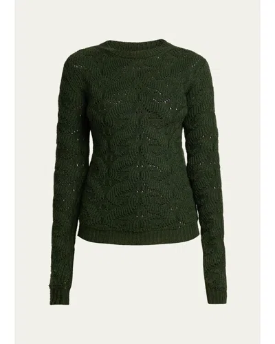 Etro Wool-blend Pointelle Cable Knit Crewneck Sweater In Dark Green