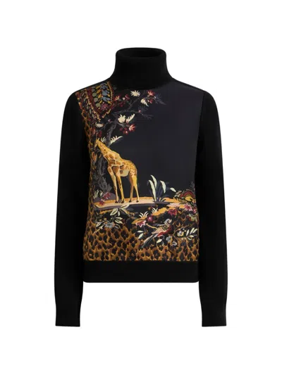 Etro Wool-blend Turtleneck Sweater With Placed Animal And Paisley Print In Black