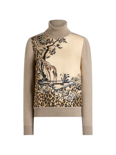 Etro Wool-blend Turtleneck Sweater With Placed Animal And Paisley Print In Multi