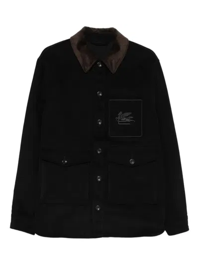 Etro Workwear Cotton Jacket With Pegaso Embroidery In Black