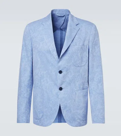 Etro Woven Cotton Jersey Blazer In Blue