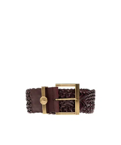 Etro Woven Leather Belt With Coin Buckle In Brown