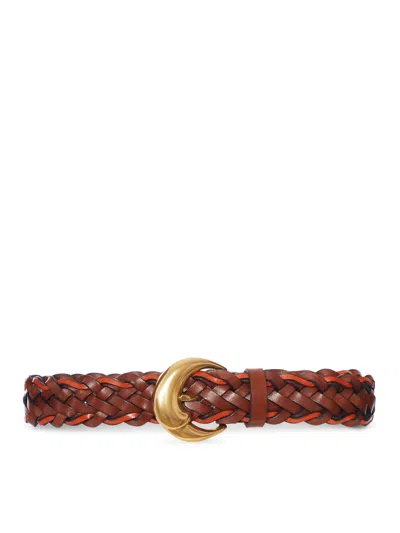 Etro Woven Leather Belt With Gold Buckle In Burgundy