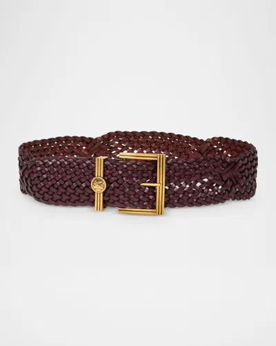 Etro Woven Leather Belt With Logo Coin Buckle In Burgundy