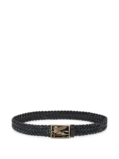 Etro Woven Leather Belt With Pegaso Buckle In Black