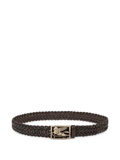 Etro Woven Leather Belt With Pegaso Buckle In Brown