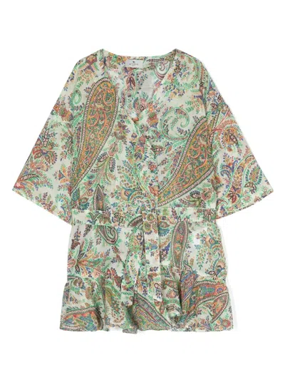 Etro Kids' Paisley-print Cotton Wrap Dress In Green