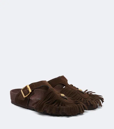 Etro X Birkenstock Gizeh Fringed Suede Sandals In Brown