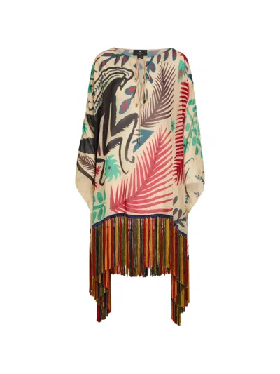 Etro X Tabby Booth Seersucker Cover-up Dress With Fringing And Placed Print In Multi