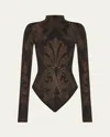 Etro X Wolford X Etro Mock-neck Metallic Jacquard Bodysuit In Black/copper