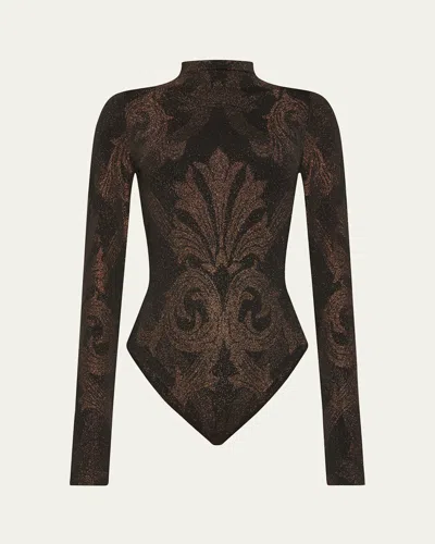 Etro X Wolford X Etro Mock-neck Metallic Jacquard Bodysuit In Black/copper