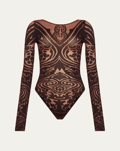 Etro X Wolford X Etro Tattoo String Bodysuit In Chocolate/black
