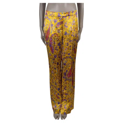 Pre-owned Etro Yellow Silk 20212 Paisley Wide Leg Satin Pants 42 M