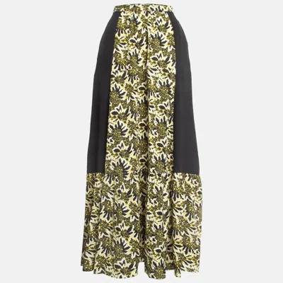 Pre-owned Etro Yellow/black Floral Print Silk Tiered Maxi Skirt S